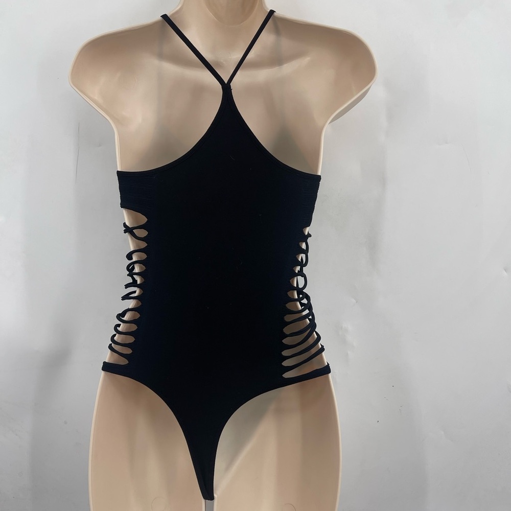 BEBE Black Seamless Bodysuit Cut Out Sides Size Small - Picture 3 of 7